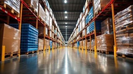 Fototapeta premium Warehouse Aisle with Stacked Pallets and Metal Shelving