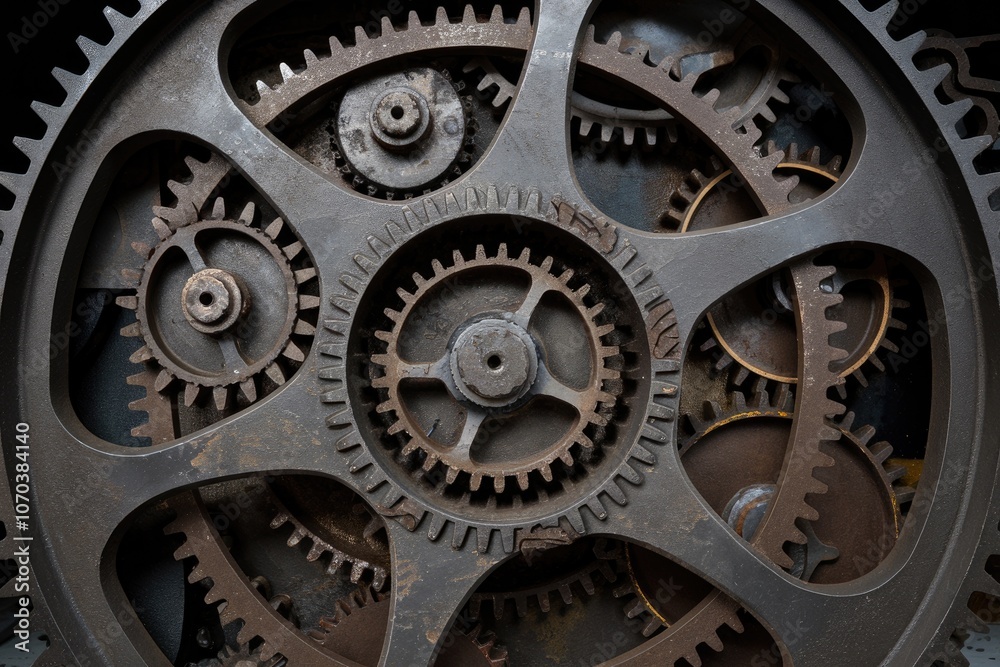 Fototapete close-up of interlocking gears rotating in complex mechanism