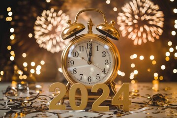 Golden alarm clock striking midnight on new year's eve 2024 with fireworks displaying