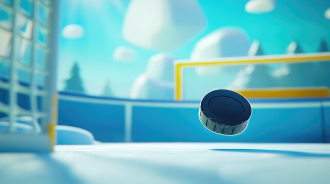 Ice hockey puck soaring towards the goal post capturing the intensity of the game