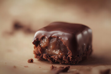 A single, dark chocolate truffle with a caramel filling and a bite taken out of it.