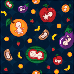 Vector pattern children's print happy babies fun and fruits watermelon orange apple beans banana eggplant dark background