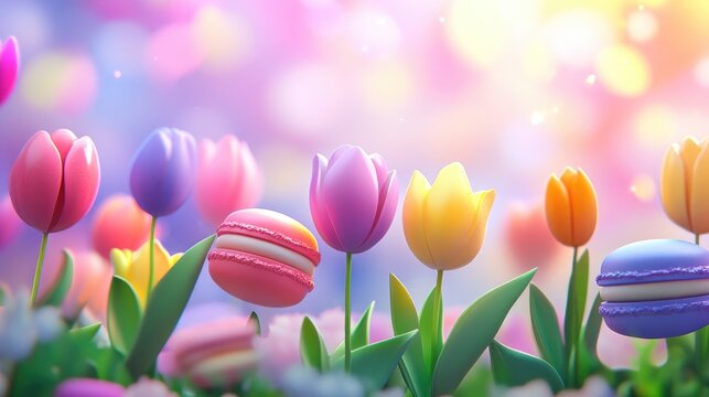 Pastel colorful tulips and vibrant macaroons creating a delightful scene for celebrations and cheerful occasions