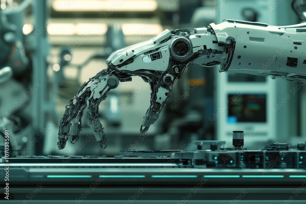 Leinwandbilder robotic arm typing on keyboard in futuristic laboratory setting