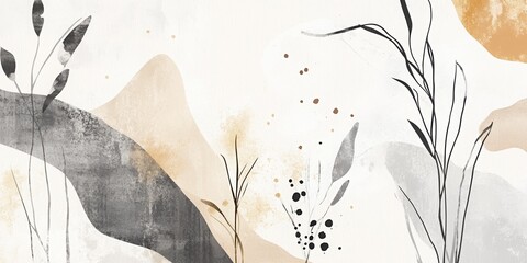 Abstract botanical design features delicate plants and organic shapes in muted colors on a textured background