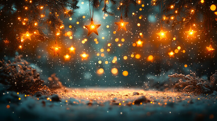 Golden stars with beautiful bokeh in night time for celebration merry Christmas and happy new year  concept  ,Photo by AI generative.