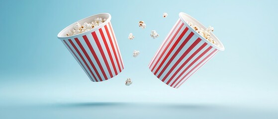 Two red and white popcorn containers are flying through the air