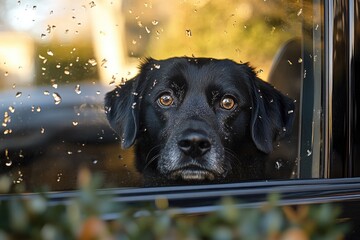 Black labrador looking through rainy window while waiting in car