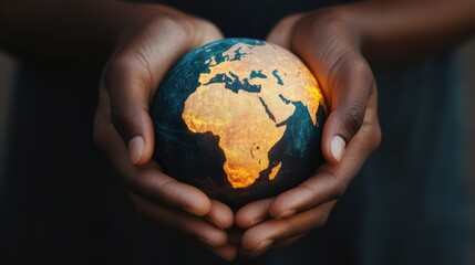 Fototapeta premium Hands of different ethnicities and backgrounds holding a miniature Earth model with glowing trade routes representing the concept of global unity