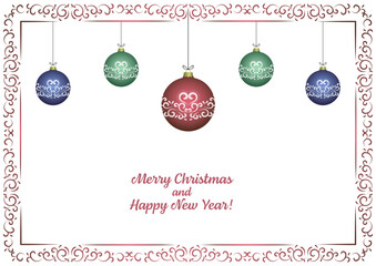 Hand drawn frame decoration vintage style christmas card vector graphic. Abstract old christmas balls collection to use for christmas card, xmas, winter holiday, new year projects. 