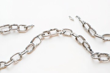 Broken metal chain links on white background