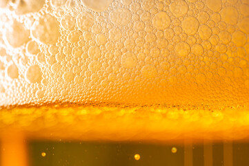 Close up photo of the foam collar at the top of a glass of beer.