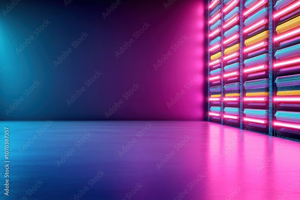 Poster a vibrant, modern space with neon lights illuminating a sleek wall, creating a dynamic atmosphere su