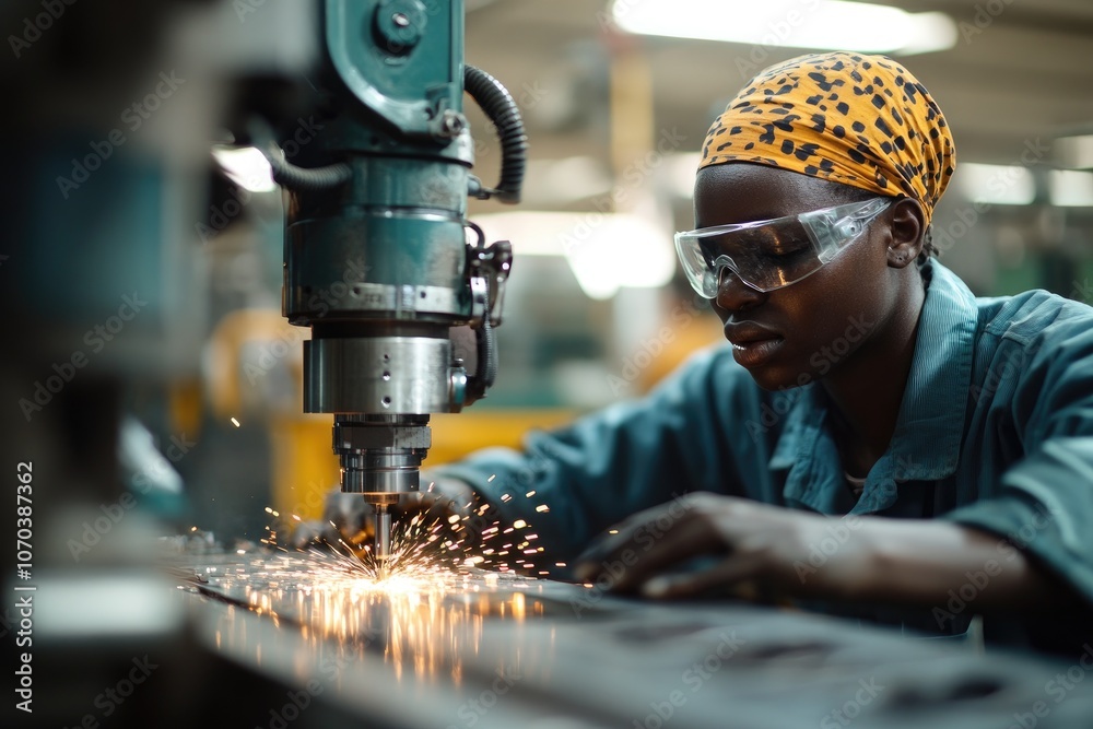 Aufkleber Female engineer operating cnc milling machine creating sparks in factory