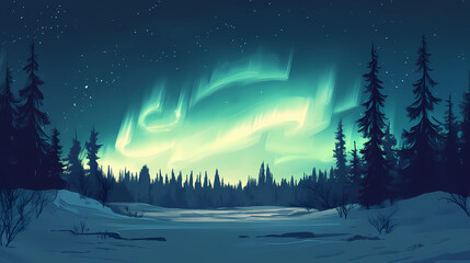 A majestic aurora borealis display illuminates the night sky above a snowy forest. Majestic. Illustration