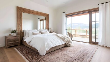 Vintage Farmhouse Bedroom Featuring a Large Antique Mirror – A Charming and Elegant Scene of Rustic Décor and Timeless Style