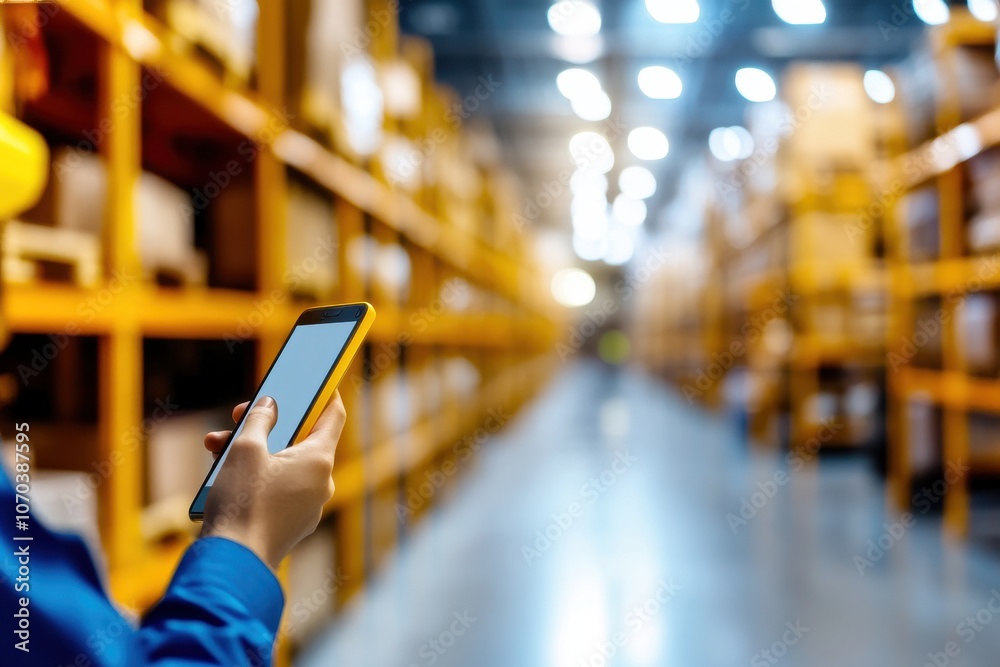 Aufkleber a worker uses a mobile device in a warehouse, surrounded by shelves of stored boxes, with a focus on