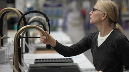 A woman in a black sweater and glasses examines a gold kitchen faucet display in a store. She is touching the faucet and looking at it intently.