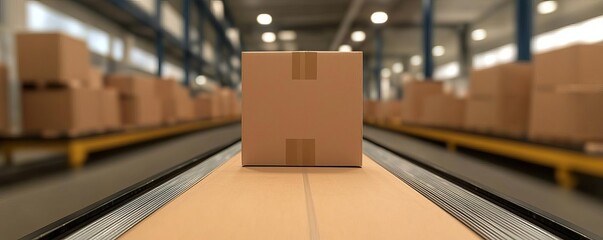 Automated conveyor system with packages ready for shipping, supply system efficiency, minimalistic design, bright warehouse lighting, clean and spacious layout