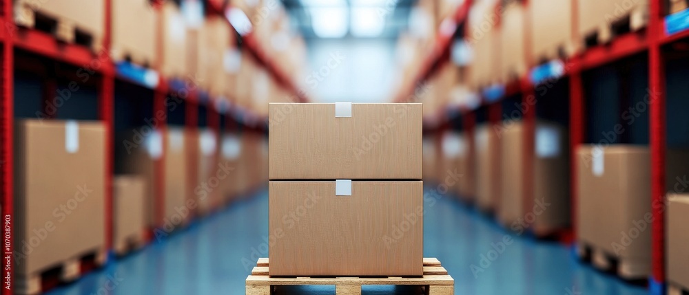 Poster logistics and warehouse concepts. a wooden box on a pallet stands out in a blurred storage facility 