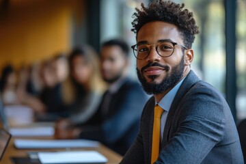Obraz premium Confident businessman smiling during a corporate meeting