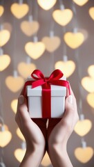 Valentine's day decorations. female hands holding small white giftbox with red ribbon bow on palms against bokeh hearts background