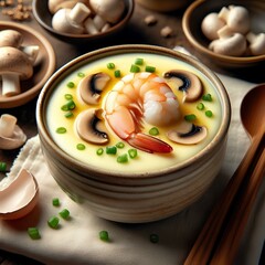 Japanese chawanmushi with a smooth custard texture, shrimp, and mushrooms. chawanmushi, Japanese cuisine, steamed egg, shrimp, delicate texture