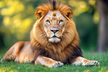 Fototapeta premium Majestic male lion resting in the grass with intense gaze