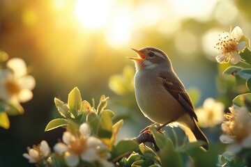 Obraz premium Small bird singing on blooming branch during golden hour sunset