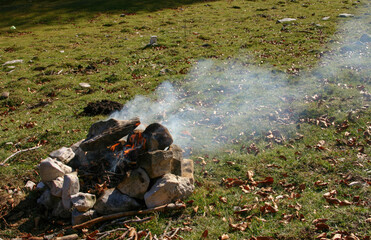 Campfire burning with flames and smoke in a field during autumn