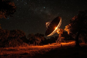 Large radio telescope exploring the night sky and milky way galaxy