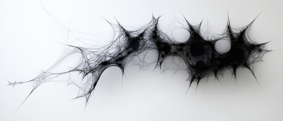 Abstract digital artwork resembling intricate web-like structures with dark circular nodes on a light background, creating an organic, surreal composition.