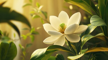 Obraz premium Lotus magnolia with fragrant white blooms and lush green leaves showcasing its beauty and medicinal properties