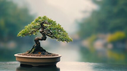 A small bonsai tree in a pot sits on a stone surface with a pond and greenery in the background.