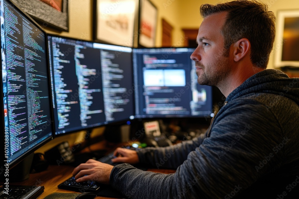 Leinwandbilder Focused software developer working on code on multiple monitors in office