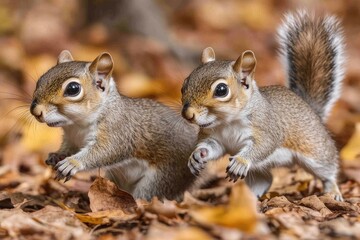Fototapeta premium Two squirrels running on autumn leaves in forest
