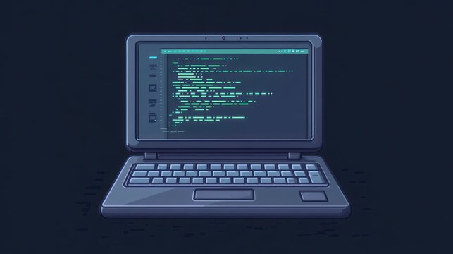 A cartoon illustration of a laptop with green code on the screen.
