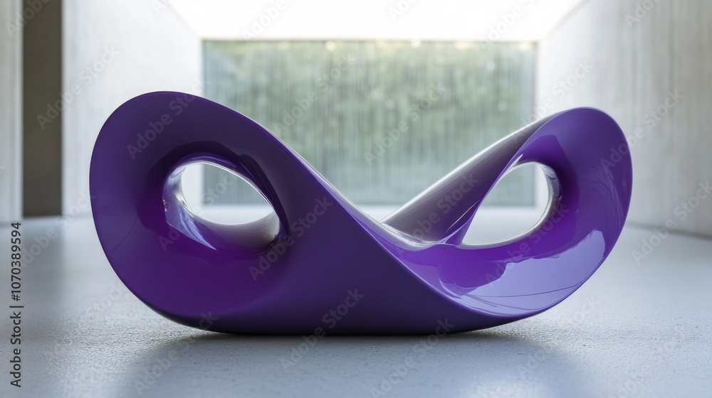 Poster a purple object with a curved shape is sitting on a grey floor