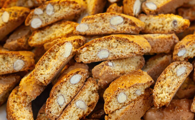 Delicious cantuccini biscuits showing almonds and crunchy texture