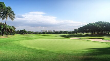 Morning Glory on the Golf Course Scenic View of Lush Green Fairway, Bunker, and Trees