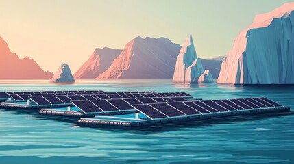 Naklejka premium A field of solar panels float on a calm body of water surrounded by snow-capped mountains in a stunning sunset.