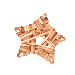 Christmas Toy. Wicker Star made of rattan. Wooden Homemade Decoration. Watercolor illustration isolated on white background. Design elements for greeting New Year cards or invitations.