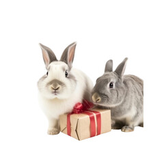 Obraz premium Two Adorable Rabbits with a Gift Box