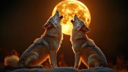 Obraz premium Two wolves howling at big full moon in dark night