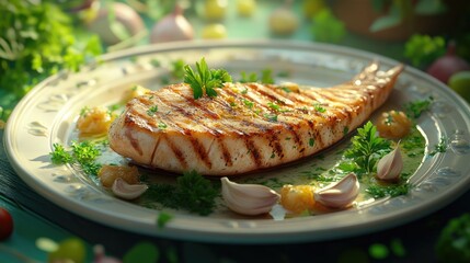 Grilled swordfish garnished with garlic and fresh parsley perfect for a savory seafood meal