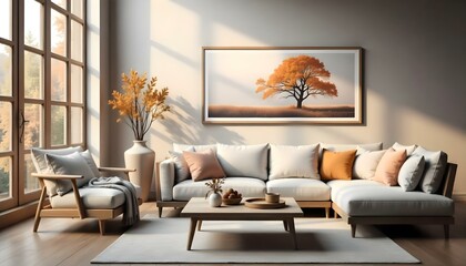 A cozy living room with a large framed landscape painting on the wall, featuring a lone tree in an autumn scene. The room has a minimalist.