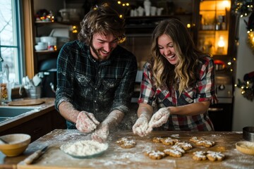 Couple baking festive Christmas cookies together in the kitchen