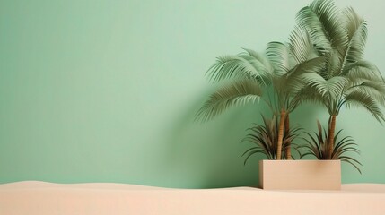 Fototapeta premium Tropical Green Wall with Simple Planters and Sand