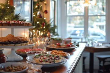 Fototapeta premium Festive Christmas brunch spread with holiday treats and decorations