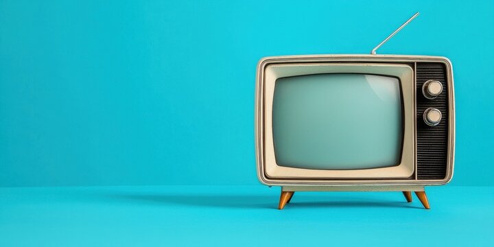 A retro television set against a bright turquoise background, evoking vintage design and nostalgia.